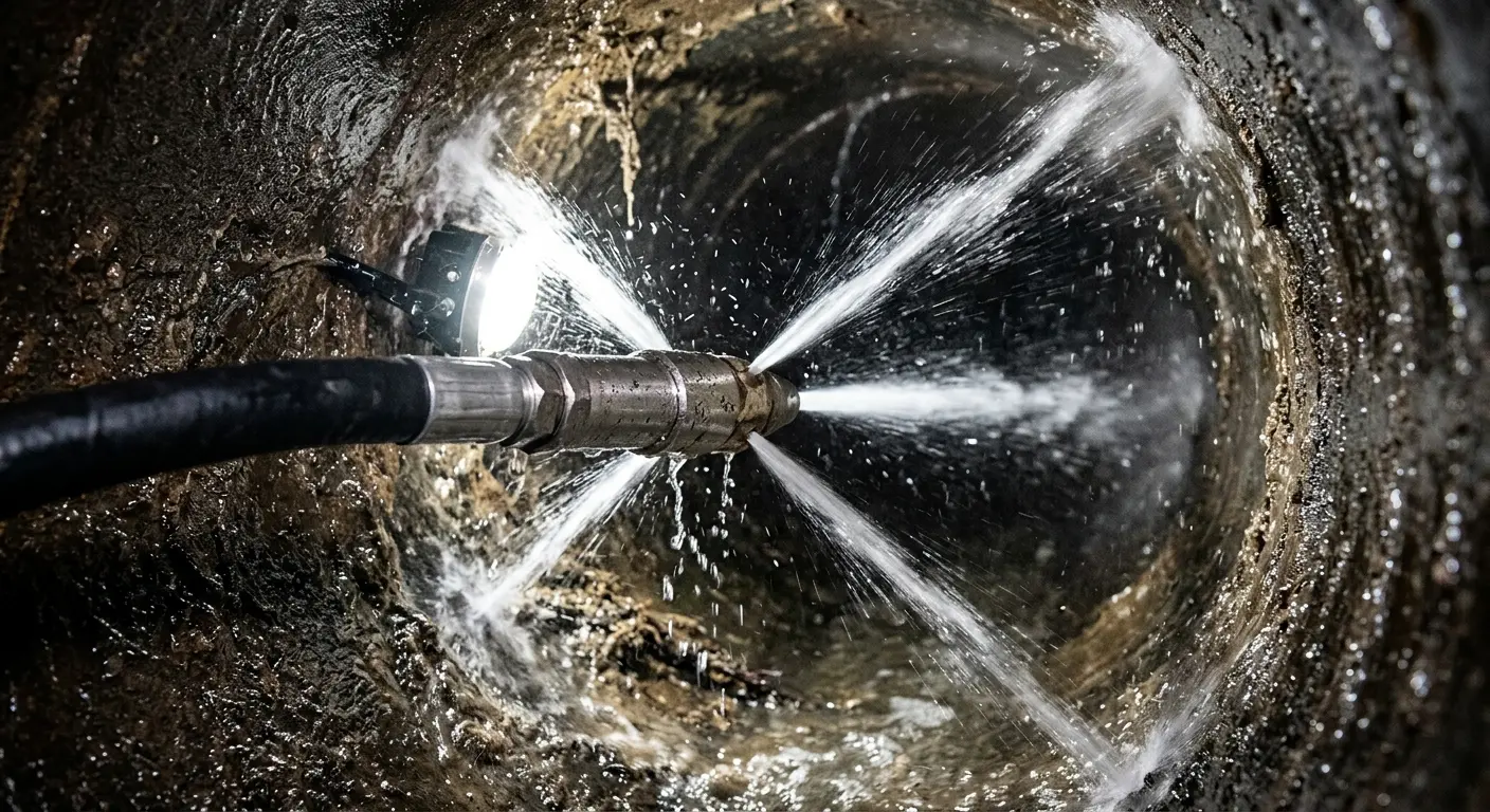 High-pressure hydro jetting nozzle cleaning sewer pipe for Sewer Cleanout in Burlington